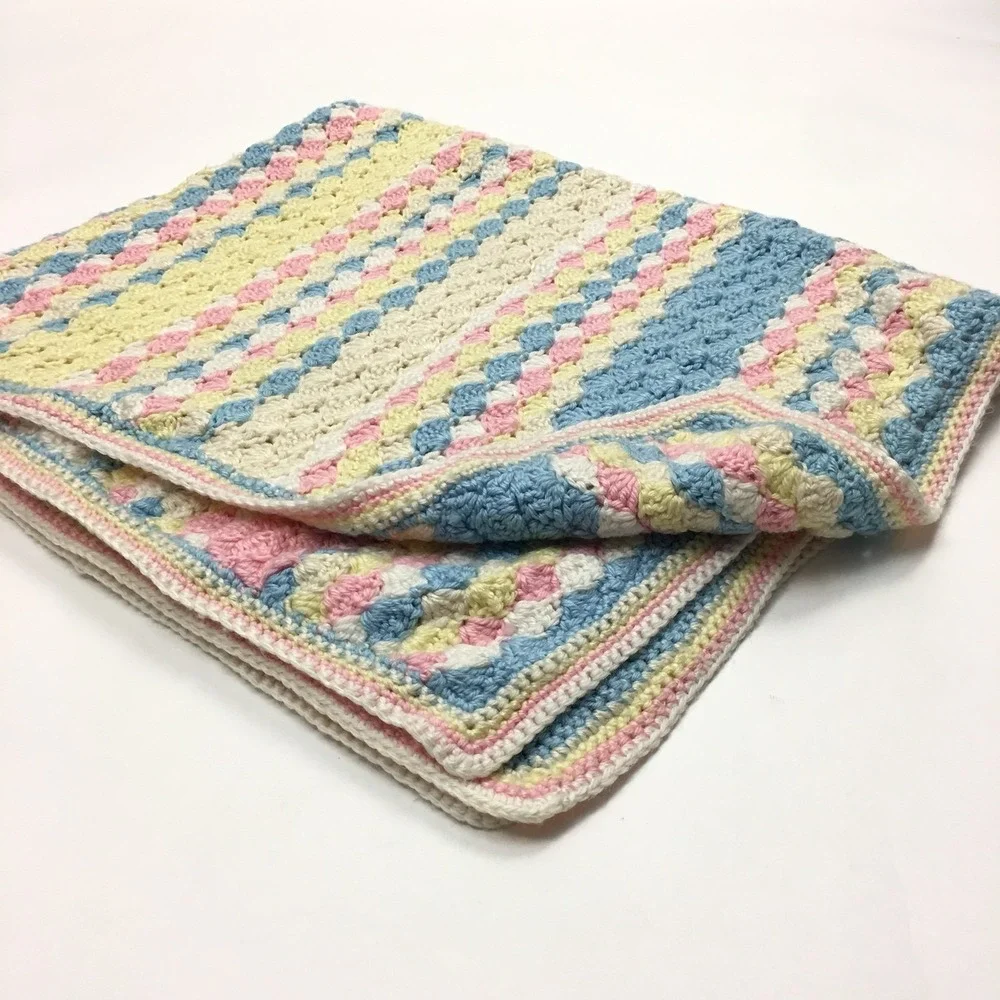 Pastel White Yellow Blue Pink Baby Blanket Lap Afghan Crocheted 35‎ x 44 inches